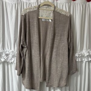 Time and Tru Tan Cardigan with Lace Accents